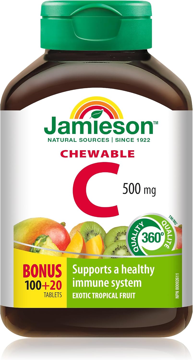 Jamieson Vitamina C Masticable 500 mg Sabor Frutas Tropicales, 120 Comprimidos