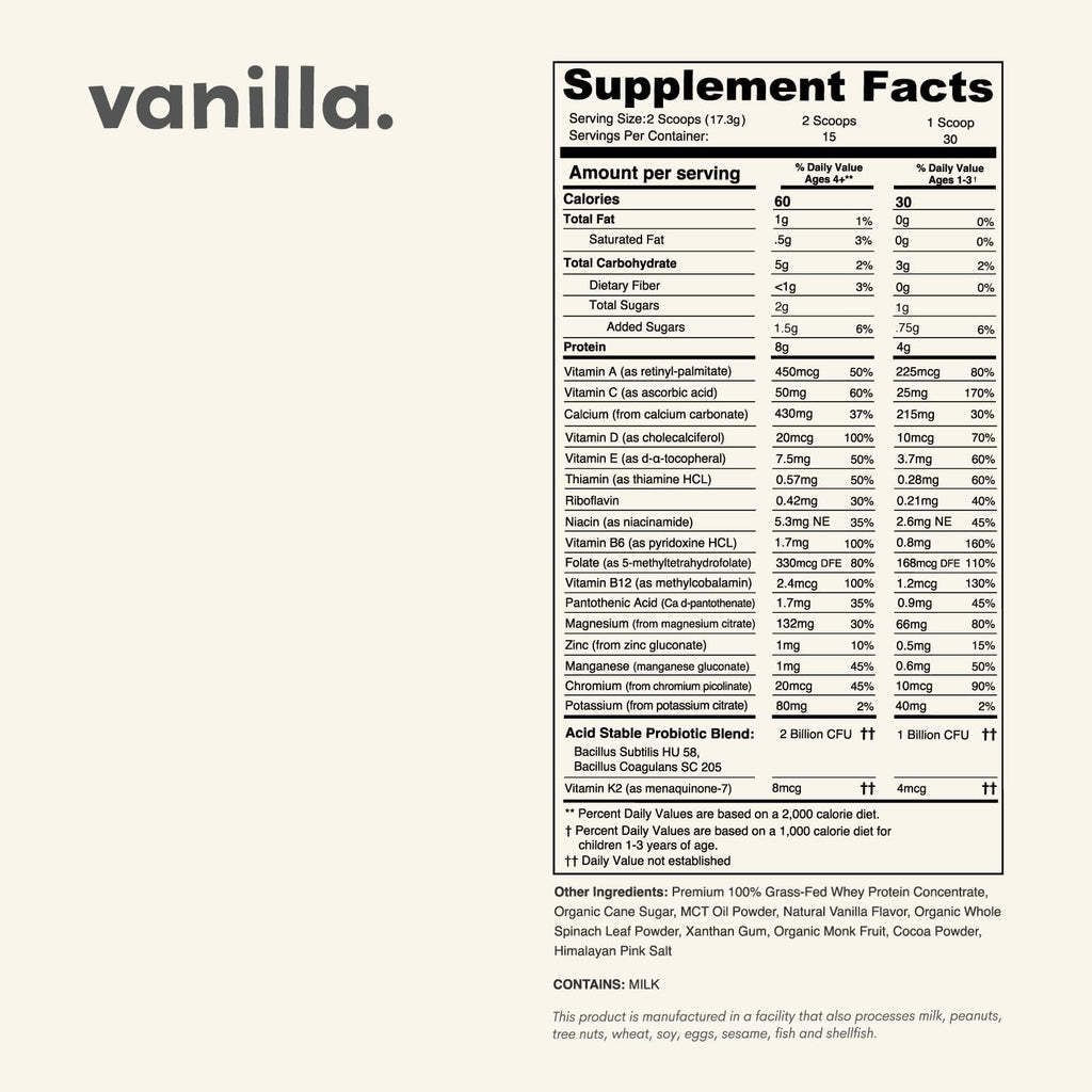 Vanilla Mighty Milk - Proteína en Polvo y Multivitamínico Diario para Niños con Probióticos y Espinacas Orgánicas - 15-30 Servicios