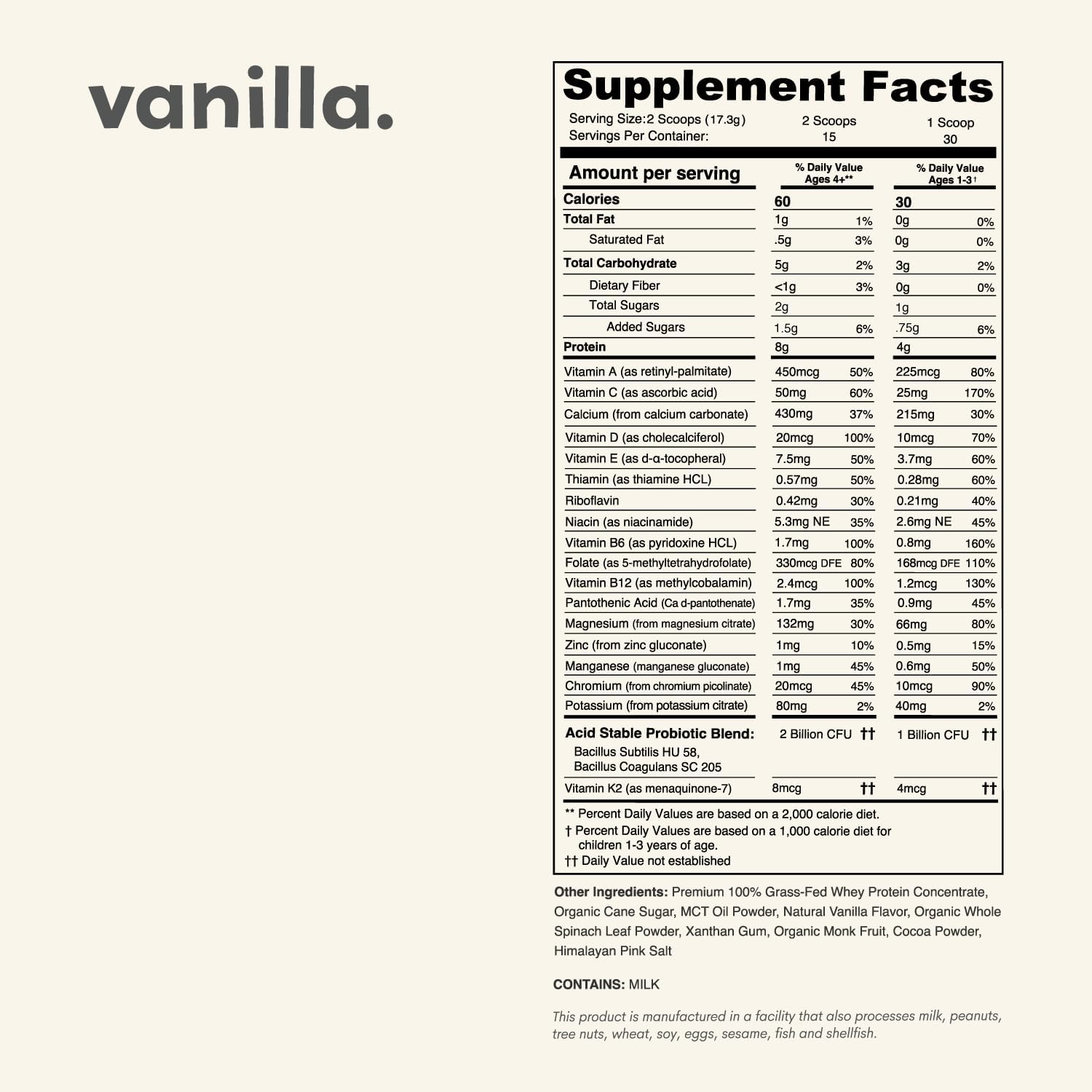 Vanilla Mighty Milk - Proteína en Polvo y Multivitamínico Diario para Niños con Probióticos y Espinacas Orgánicas - 15-30 Servicios