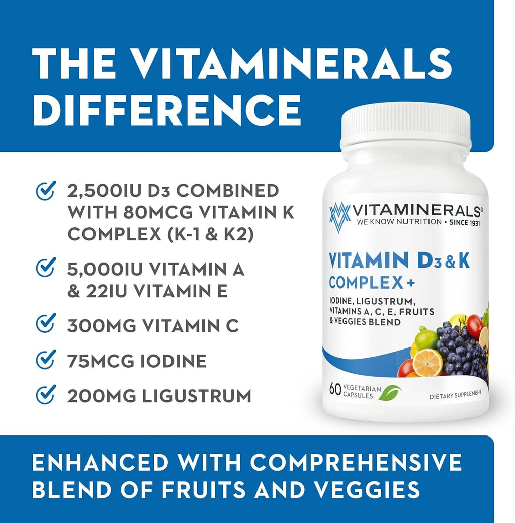Vitaminerals Vitamina D3 + K Complex | 2500 IU D3, 80 mcg K, Mezcla de Verduras y Frutas | 60 Cápsulas Veganas