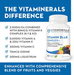 Vitaminerals Vitamina D3 + K Complex | 2500 IU D3, 80 mcg K, Mezcla de Verduras y Frutas | 60 Cápsulas Veganas
