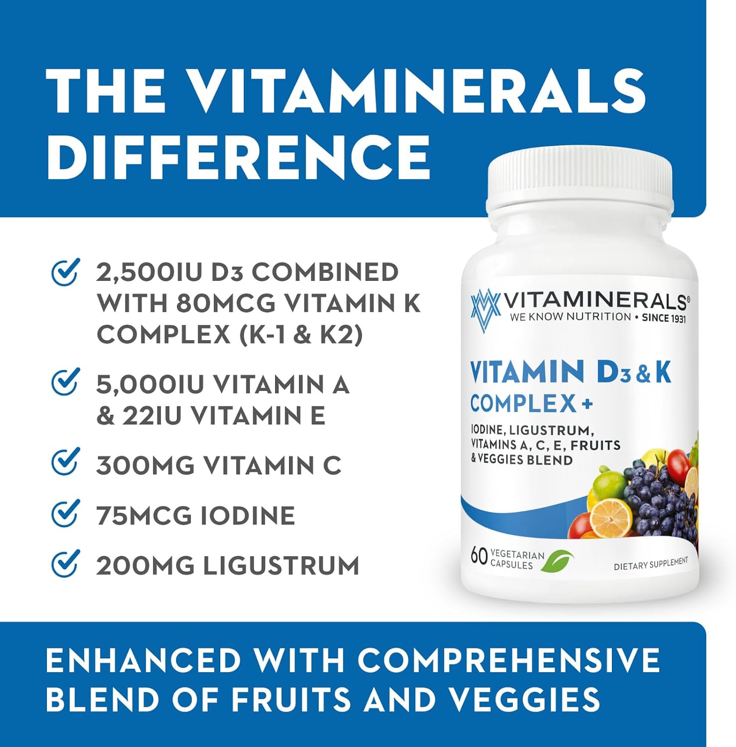 Vitaminerals Vitamina D3 + K Complex | 2500 IU D3, 80 mcg K, Mezcla de Verduras y Frutas | 60 Cápsulas Veganas