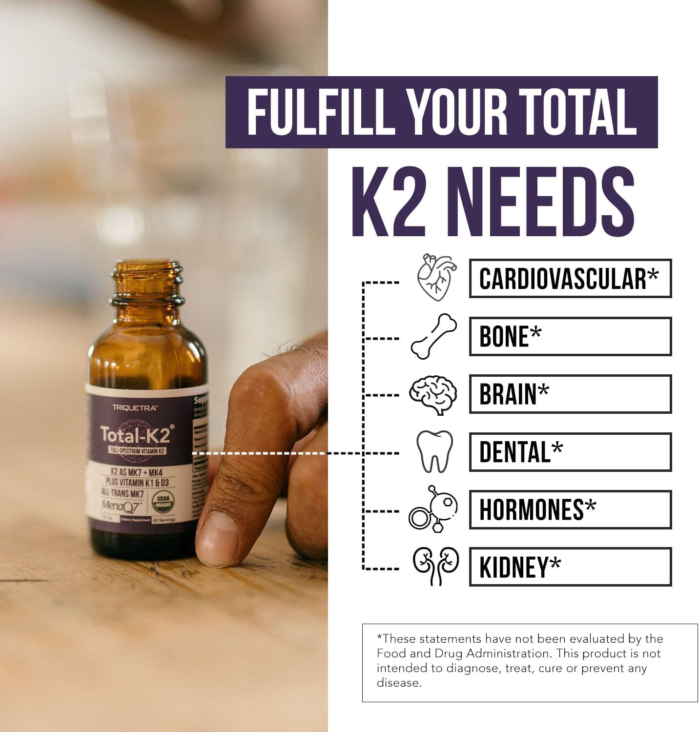 Total K2® - Vitamina K2 MK7 + MK4 + K1 + D3 - 620 mcg - Vegano Orgánico (Líquido 30 ml)