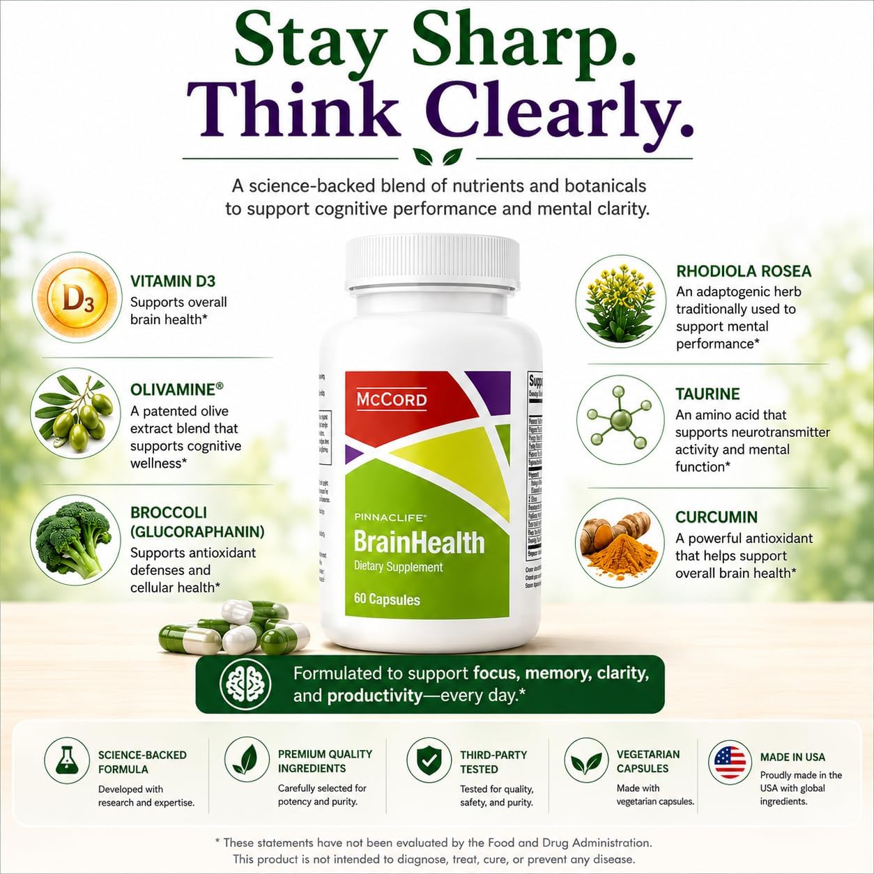 McCord BrainHealth Complemento Cerebral con Olivamine, Vitaminas D3, B6, B12, Rhodiola Rosea, Magnesio y Taurina