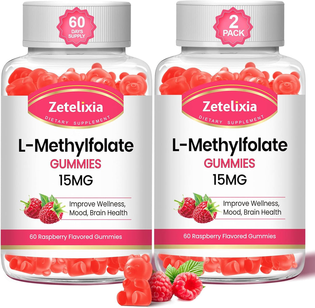 Zetelixia L-Metilfolato 15mg y Metil B12 Gominolas - Suplemento de Folato para la Salud Cerebral, Estado de Ánimo e Inmunidad - Sin Azúcar, Vegano, Sabor Frambuesa, 120 Unidades (2 Envases)