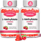 Zetelixia L-Metilfolato 15mg y Metil B12 Gominolas - Suplemento de Folato para la Salud Cerebral, Estado de Ánimo e Inmunidad - Sin Azúcar, Vegano, Sabor Frambuesa, 120 Unidades (2 Envases)