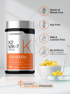 Horbäach Vitamina D3 + K2, 5000 UI y 100 mcg MK-7, 180 Cápsulas Blandas