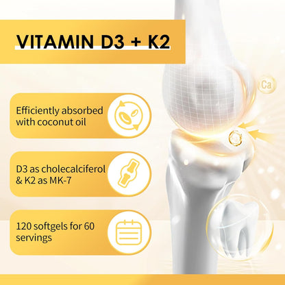 Vitamina D3 + K2 MK-7 5000 UI / 200 mcg - 120 Cápsulas Blandas - GPGP GreenPeople – Image 3