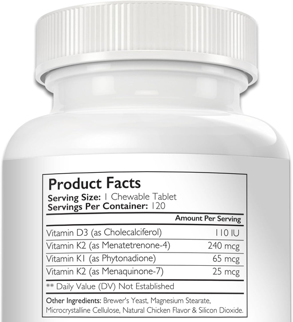 Complemento de vitamina K para perros - K1 y K2 (MK4 + MK7) + Vitamina D3 para la salud ósea, apoyo cardíaco y absorción de calcio - Fórmula avanzada para articulaciones fuertes, músculos y sistema inmunitario - 120 comprimidos