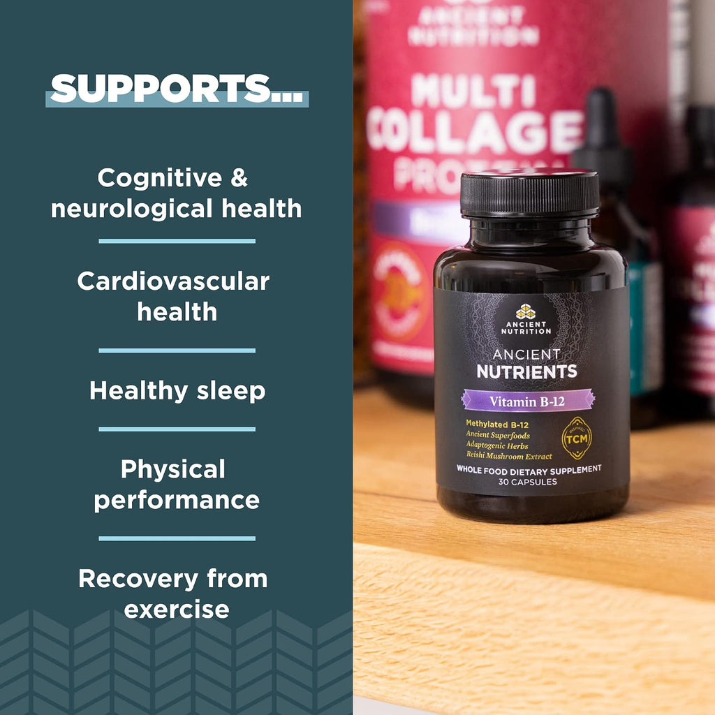 Ancient Nutrition Vitamina B12 Suplemento, Apoya el Metabolismo Energético y la Salud del Sistema Nervioso, Hierbas Adaptogénicas, Activado por Enzimas, Paleo y Keto Friendly, 30 Cápsulas