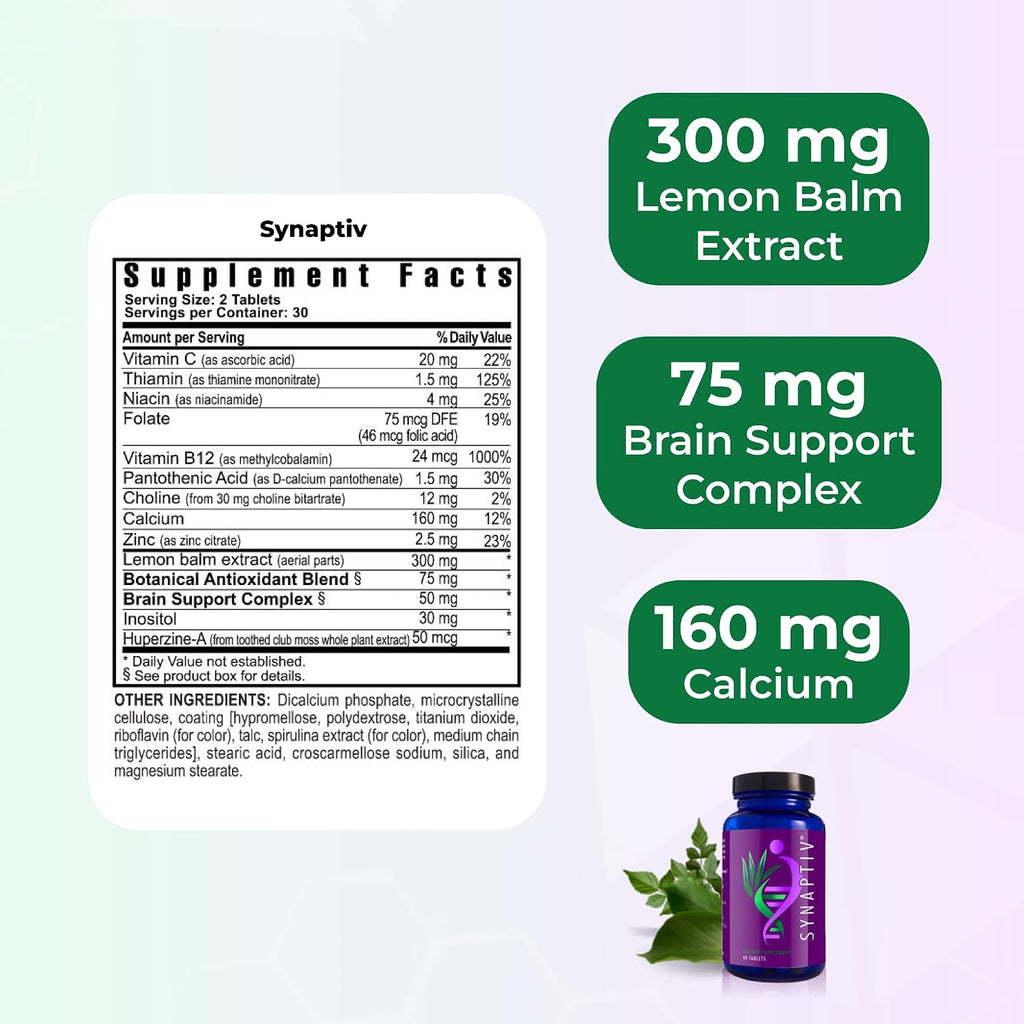 Youngevity Synaptiv™ Brain Support - 12-in-1 - Ginkgo, Huperzine, Bacopa, Quercetin & more - with Antioxidant Blend + Vitamins - 60 Tablets