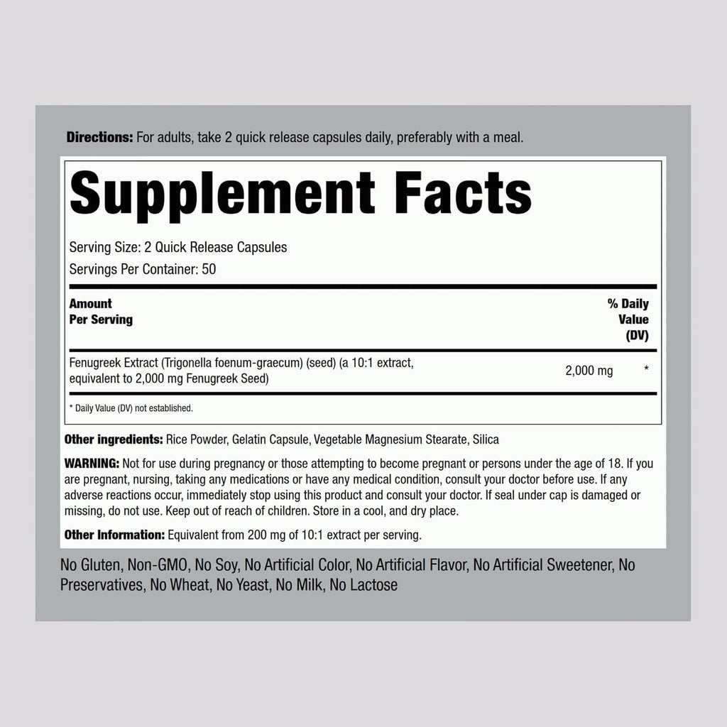 Piping Rock Fenugreek Capsules for Women - 100 Cápsulas - Extracto Concentrado de Semilla - Suplemento Herbal - No GMO, Sin Gluten