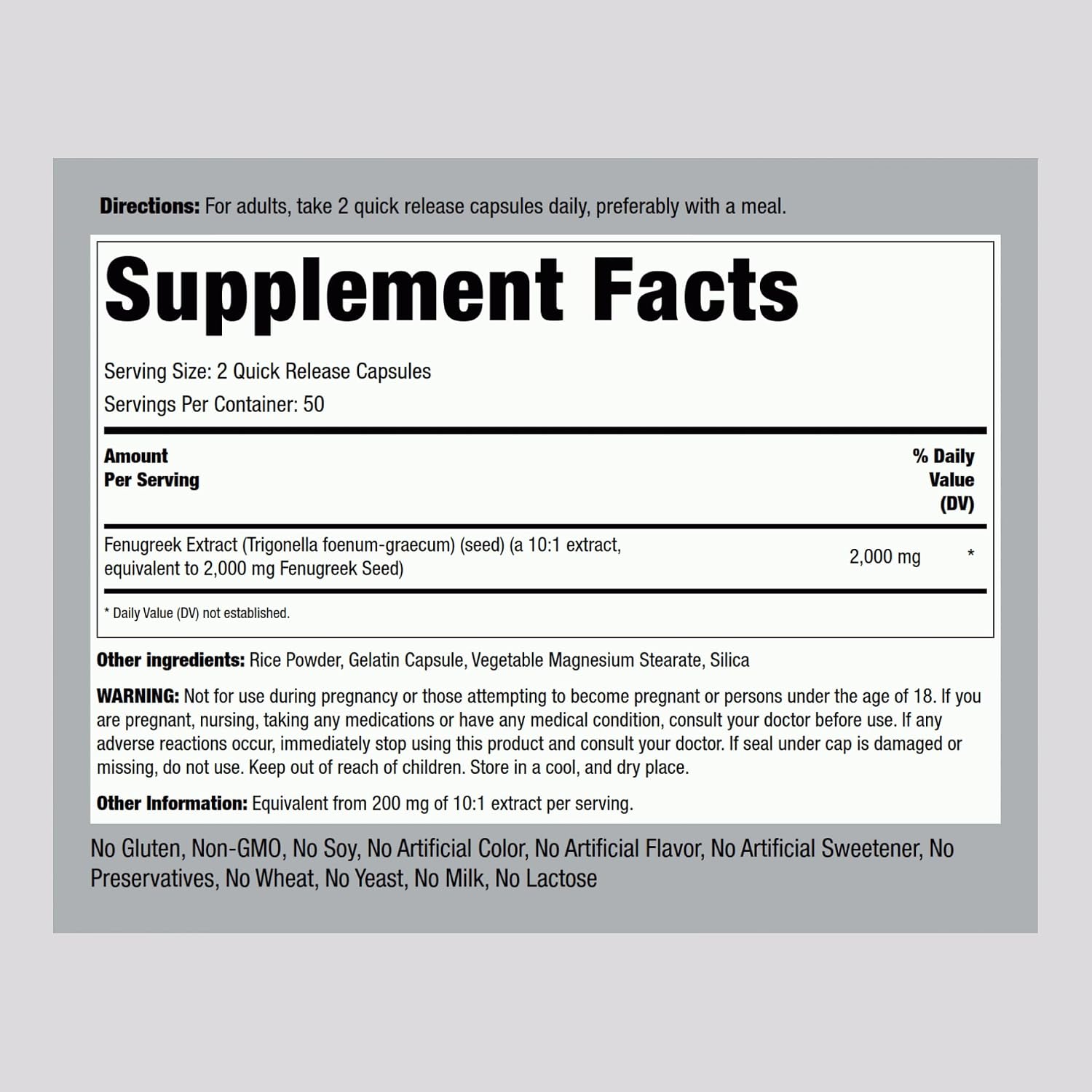 Piping Rock Fenugreek Capsules for Women - 100 Cápsulas - Extracto Concentrado de Semilla - Suplemento Herbal - No GMO, Sin Gluten