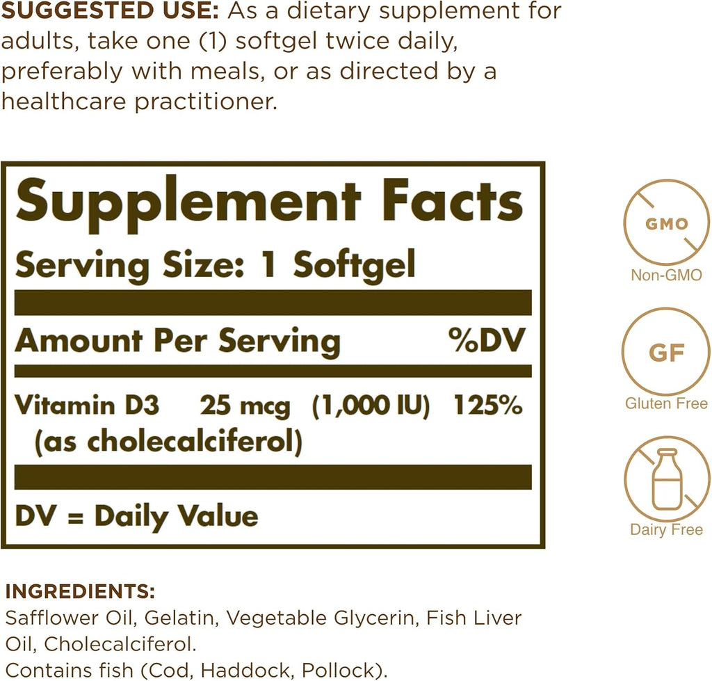 Solgar - Vitamina D3 (Colecalciferol) 1.000 UI Cápsulas Blandas, 250 Unidades
