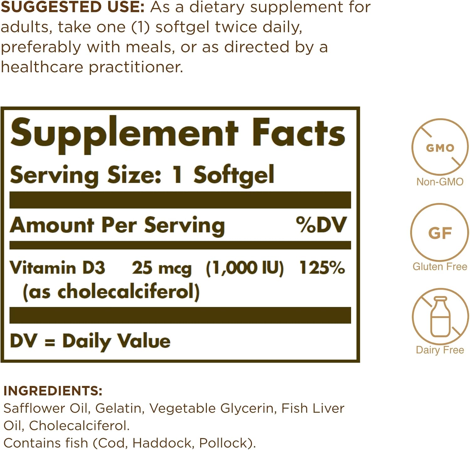 Solgar - Vitamina D3 (Colecalciferol) 1.000 UI Cápsulas Blandas, 250 Unidades
