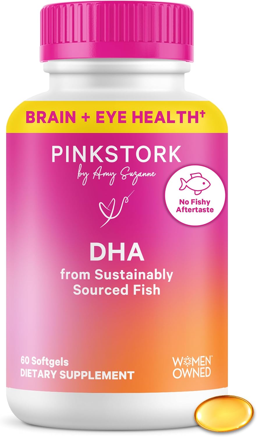 Pink Stork Omega-3 DHA - 540 mg de Aceite de Pescado con DHA y EPA, Suplemento Prenatal y Postparto para la Salud Cognitiva y el Desarrollo Fetal - 60 Cápsulas Blandas