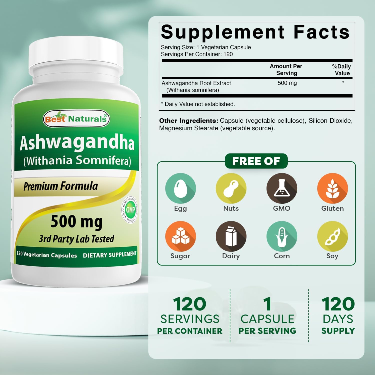 Best Naturals Extracto de Ashwagandha 500 mg - 120 Cápsulas (Pack de 2)