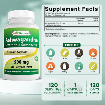 Best Naturals Extracto de Ashwagandha 500 mg - 120 Cápsulas (Pack de 2) – Image 2