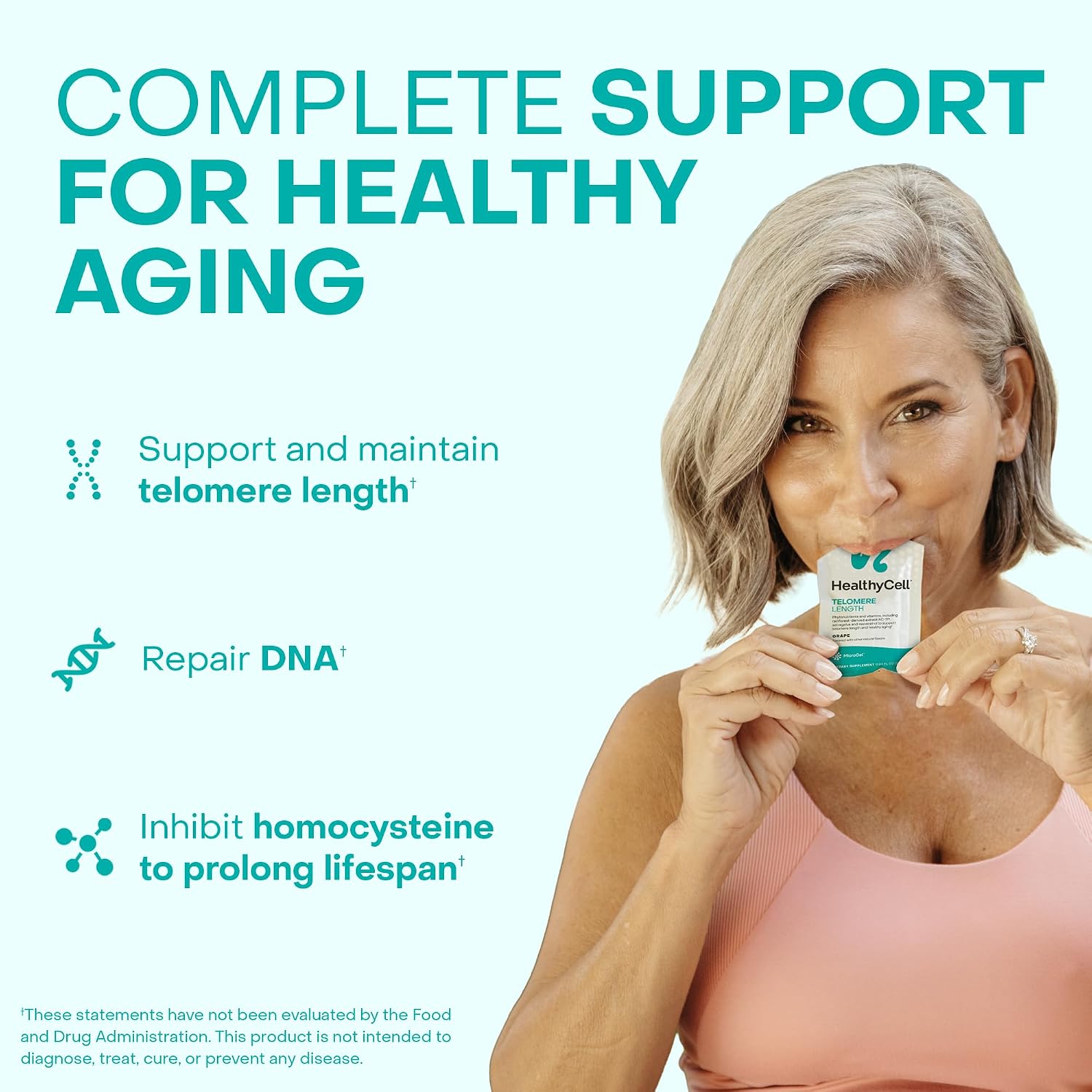 HealthyCell Telomere Length - Suplemento para la longitud de los telómeros con AC-11, Astragalus y Resveratrol - 30 sobres de gel, sabor uva