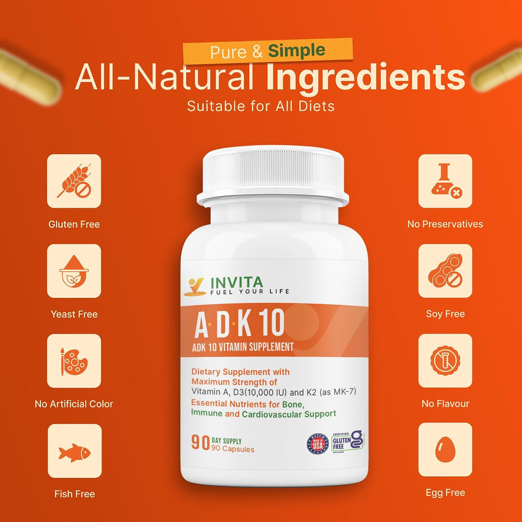INVITA ADK 10 – Suplemento de Vitaminas A, D3 10,000 UI y K2-MK7 – 90 Cápsulas