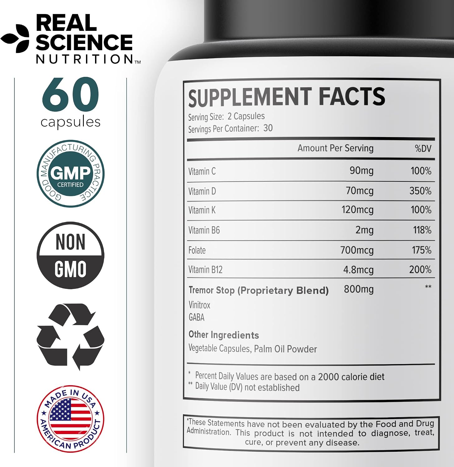 Real Science Tardivex - Suplemento de soporte nervioso con Vinitrox, GABA y vitaminas B - 60 cápsulas
