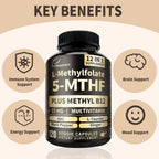 L-Metilfolato 15mg más Metil B12 - Complemento de Vitamina B9 Metilada (5-MTHF) para Salud Cerebral, Estado de Ánimo y Energía - Alta Absorción 12-en-1 - Probado por Terceros (120 Cápsulas Veganas)