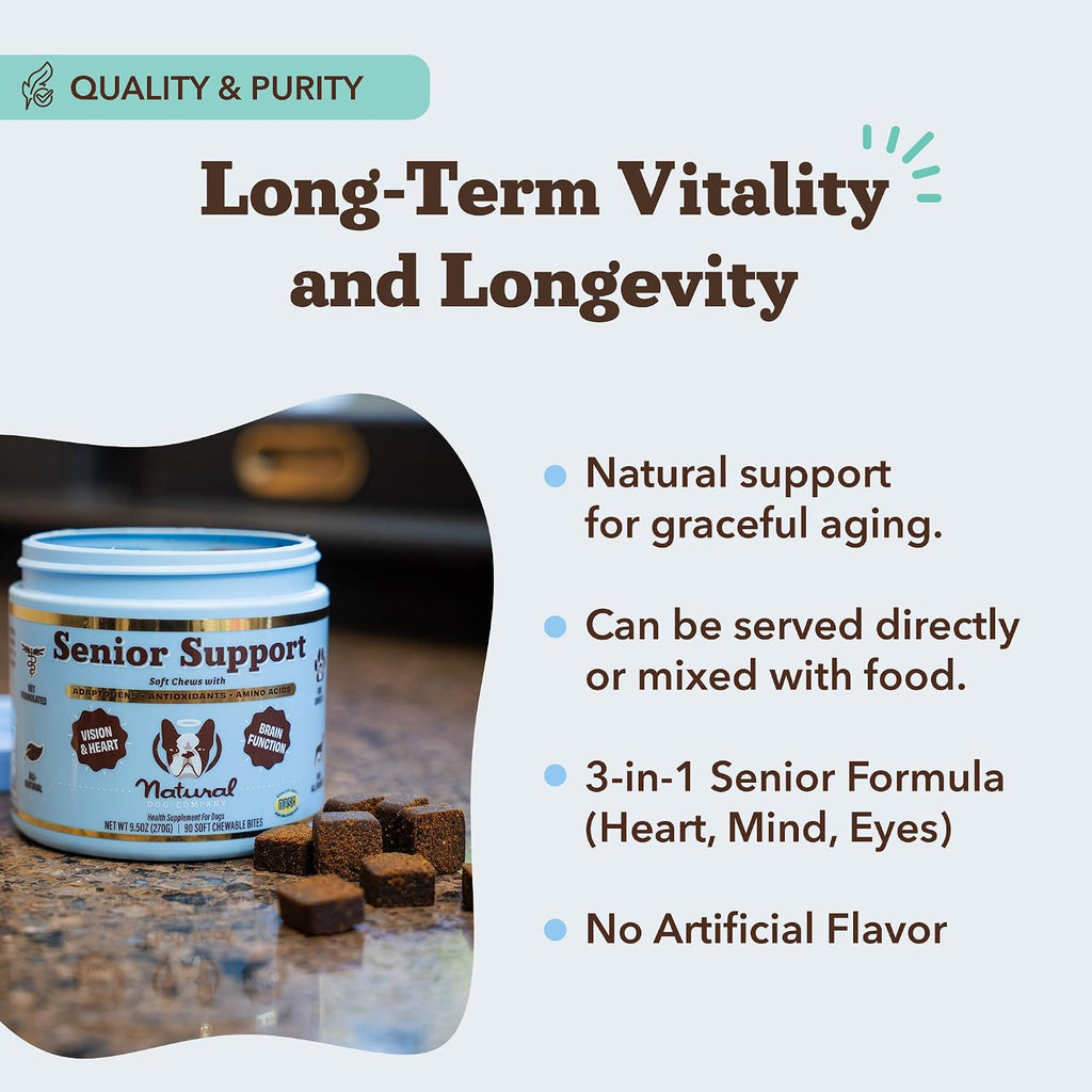 Natural Dog Company Vitaminas para Perros Senior - Masticables para Apoyo Cognitivo, Cardíaco y Visual, 90 unidades