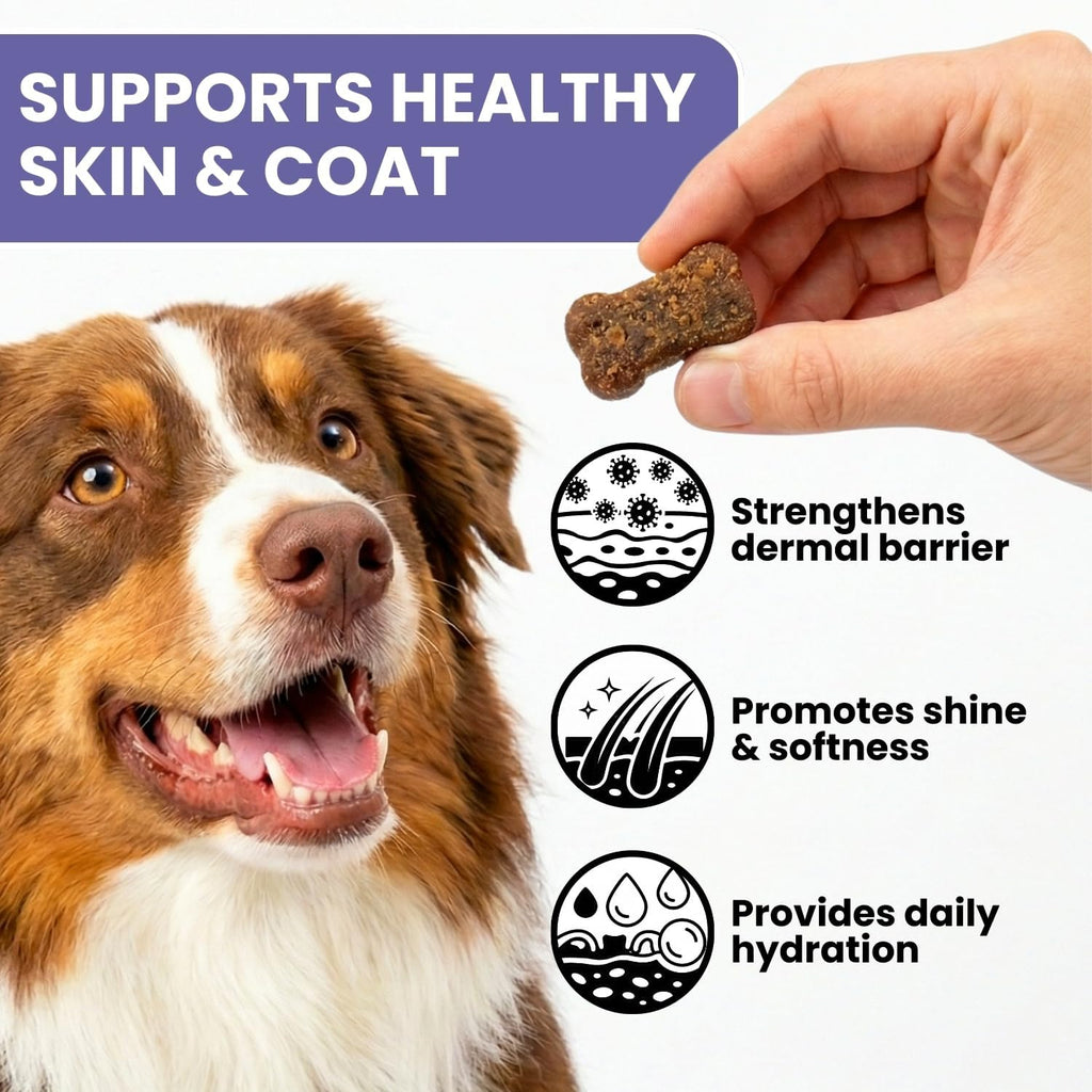 TRATEZ Suplemento para la Piel y Pelaje de Perros - Omega 3 6 9 Aceite de Pescado y Vitamina E Masticables Blandos - Alivio del Picor, Anti-Caída y Apoyo para Pelaje Brillante - 90 Unidades