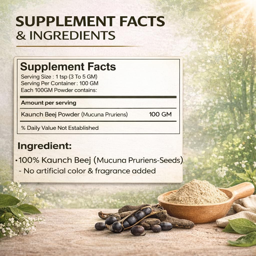 VEDIKROOTS Kaunch Beej Polvo | Polvo de Semilla de Mucuna Pruriens Puro | Hierba Ayurvédica Tradicional | 100g