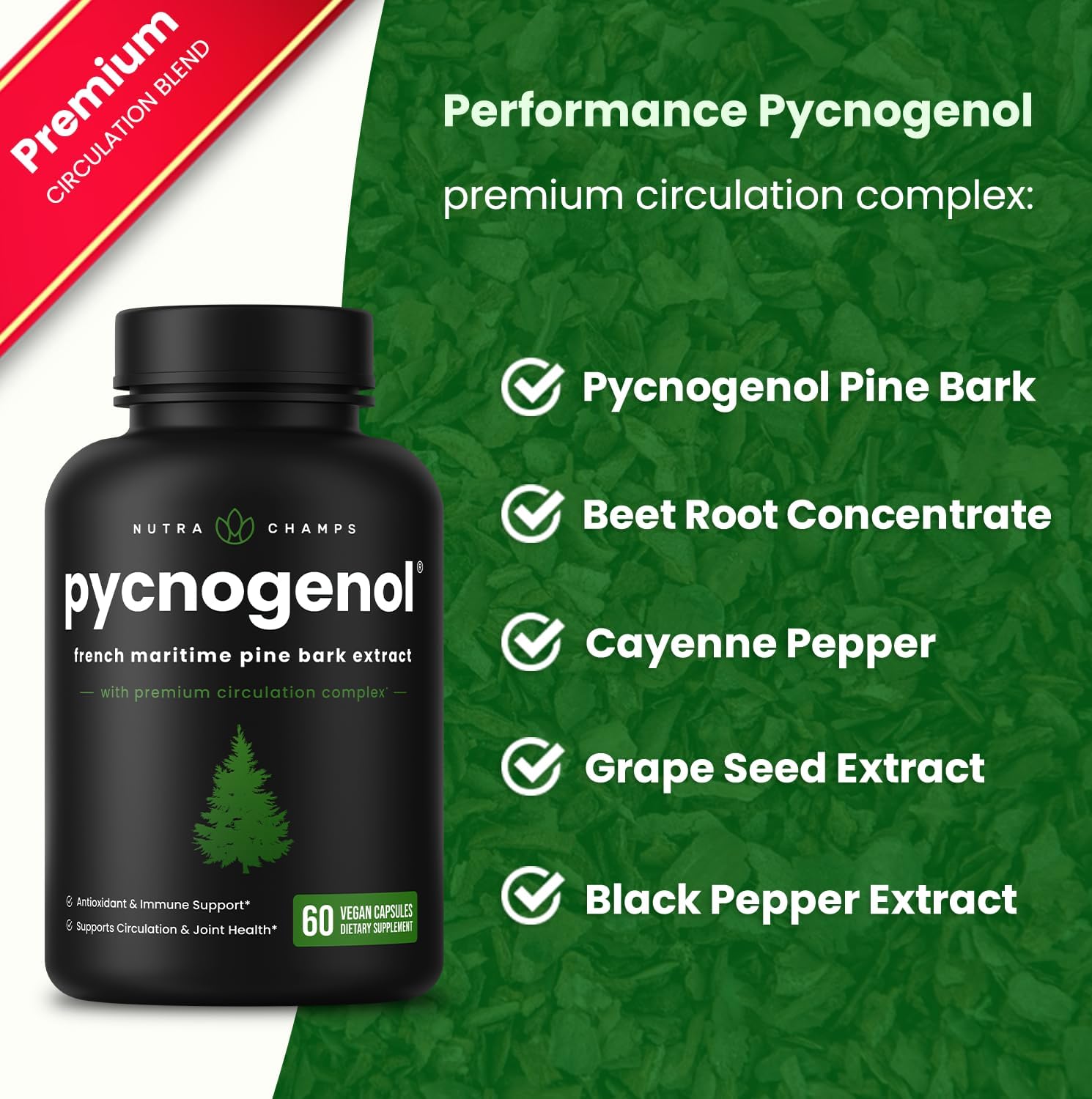 NutraChamps Pycnogenol® Extracto de Corteza de Pino Marítimo Francés, 60 Cápsulas con Pimienta Negra