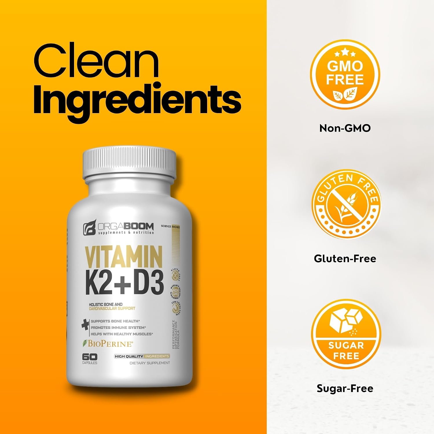 Vitamina D3 K2 con Calcio - 5000 UI + 100 mcg MK7, 60 Cápsulas - Orgaboom