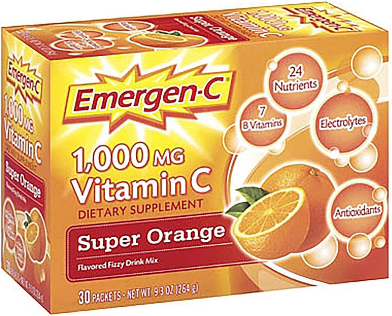 Emergen-C Vitamina C Bebida Efervescente en Polvo Super Naranja - 1000 mg - 30 Sobres
