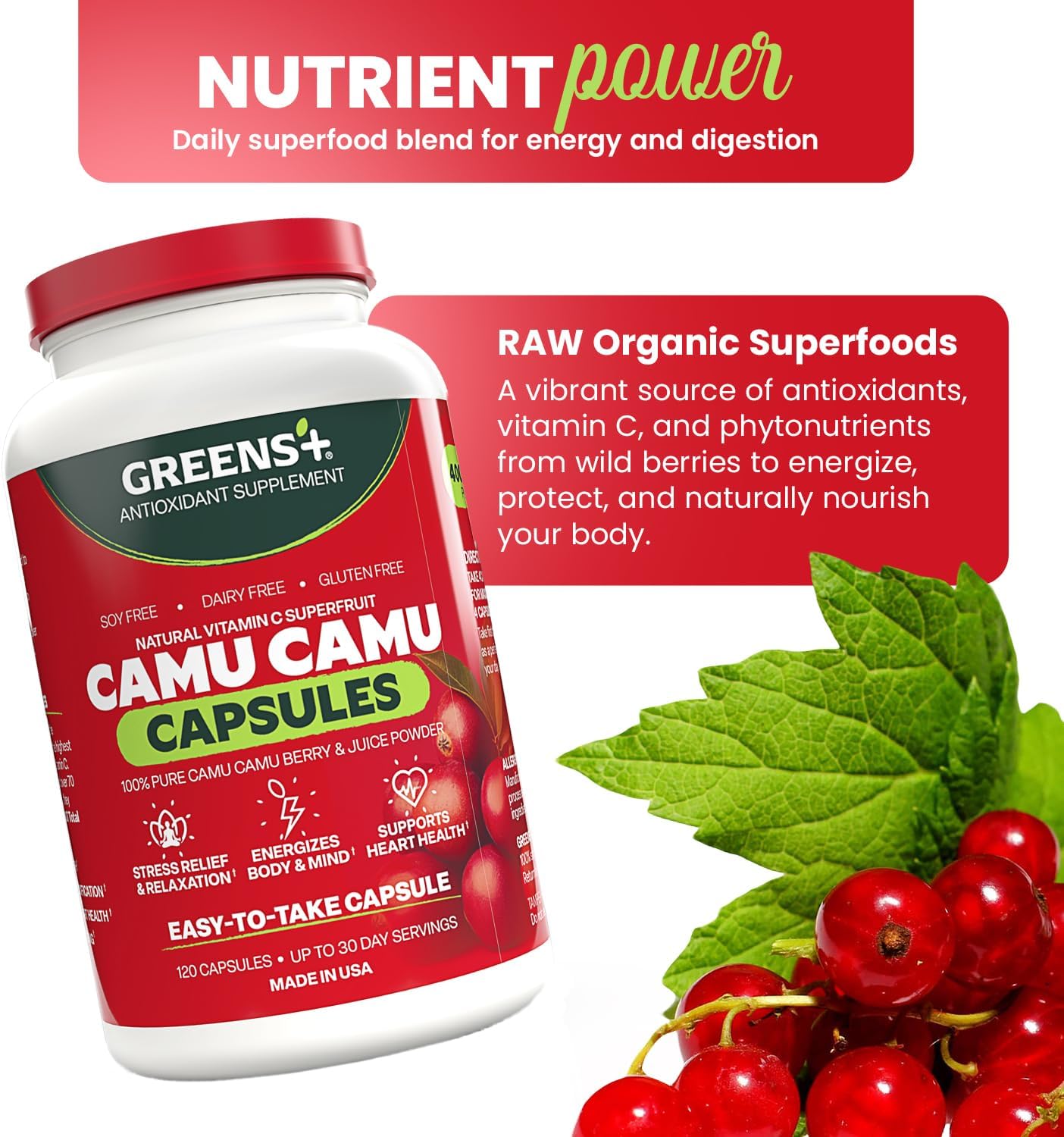 Greens+ SuperFruit Amazonian Camu Camu Supplement with Vitamins and Minerals, High ORAC Antioxidants, 400mg Natural Vitamin C, 120 Vegetable Capsules