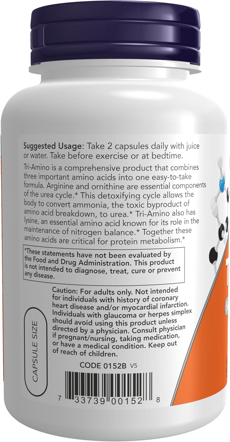 NOW Foods Tri-Amino con L-arginina, L-ornitina y L-lisina, 120 cápsulas