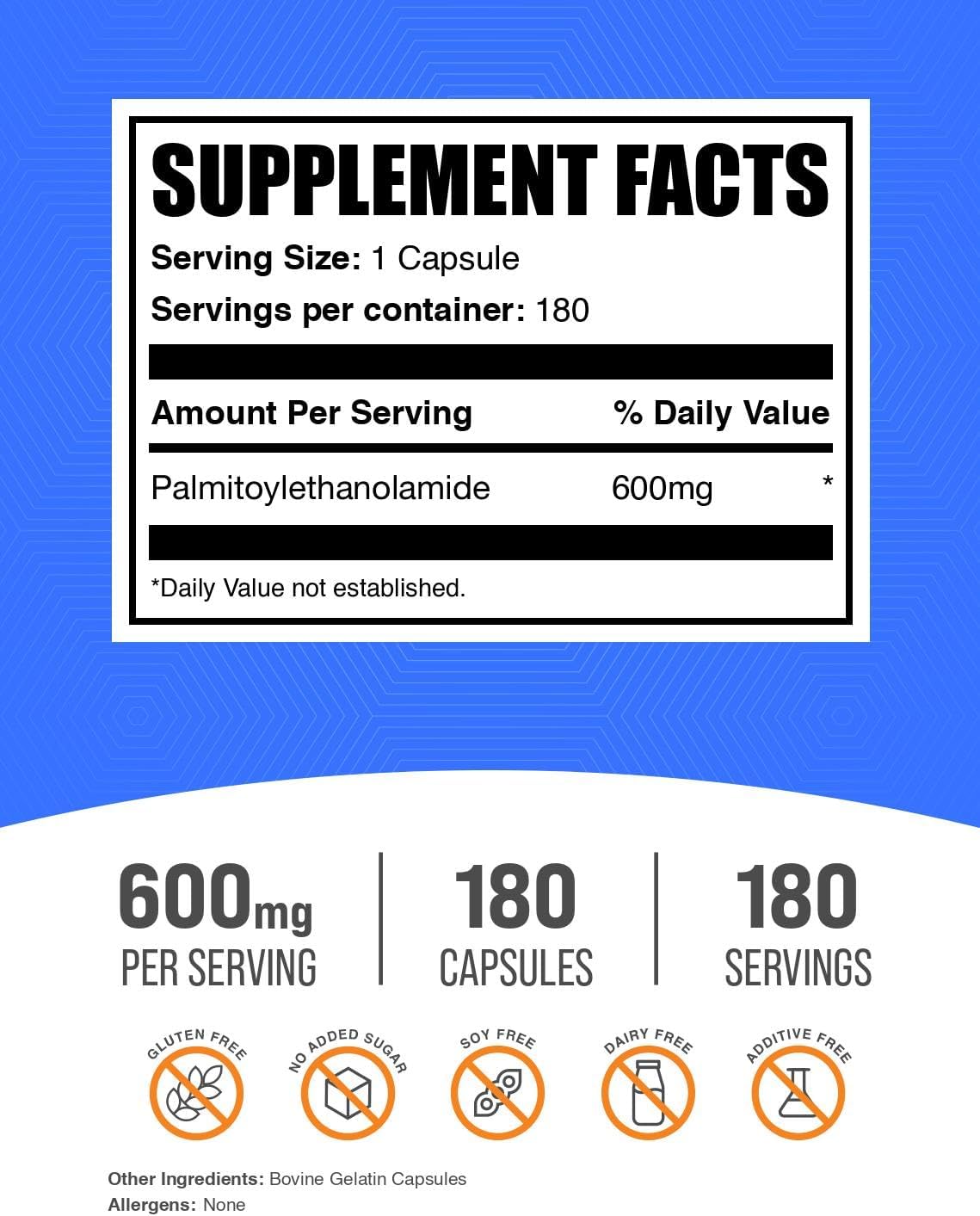 Palmitoylethanolamida (PEA) 600mg - 180 Cápsulas - BulkSupplements
