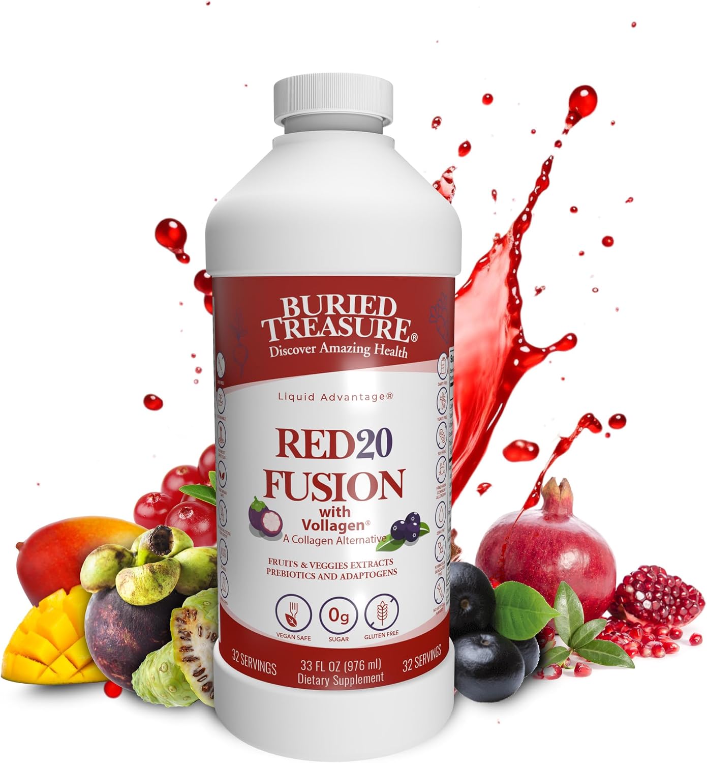 Buried Treasure Red20 Fusion Superfood Blend – Mezcla de Superalimentos con Acai, Remolacha, Arándano, Adaptógenos y Luteína, 946 ml