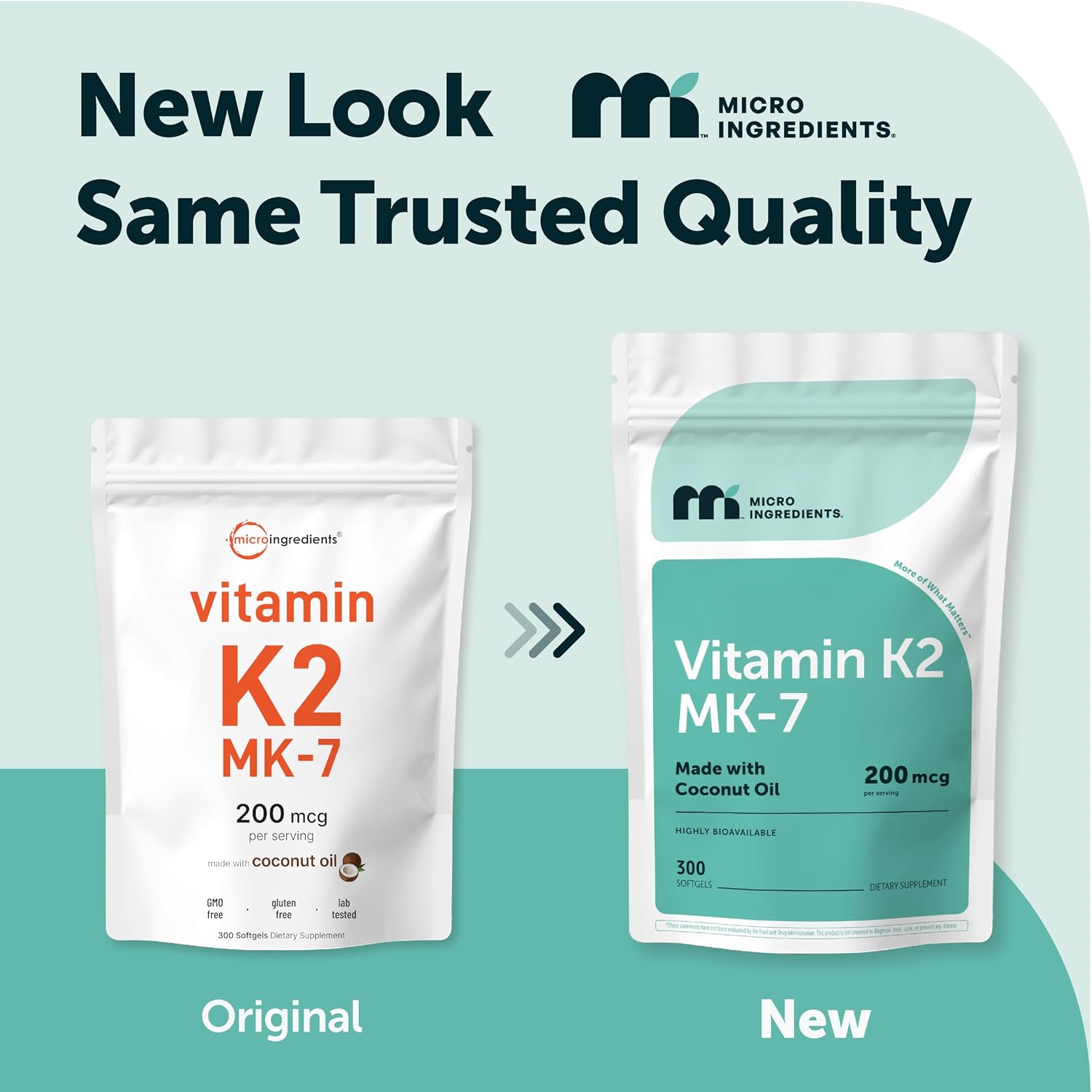 Micro Ingredients Vitamina K2 MK-7 200 mcg, 300 Cápsulas Blandas con Aceite de Coco