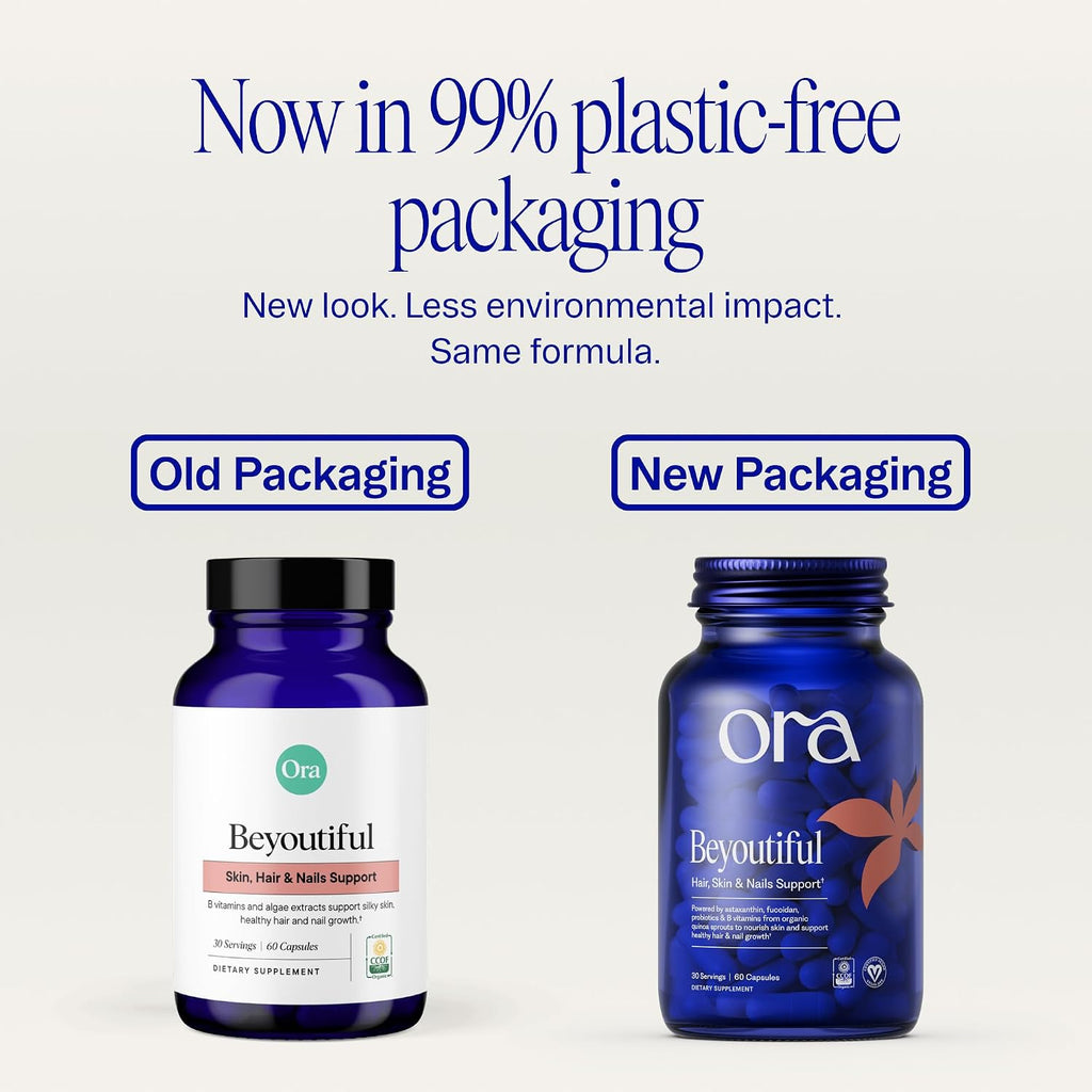 Ora Organic Hair, Skin, and Nails Support - Beyoutiful - Suplemento de Belleza con Vitaminas B y Biotina para Cabello Saludable, Niacina para la Piel - 60 Cápsulas Veganas