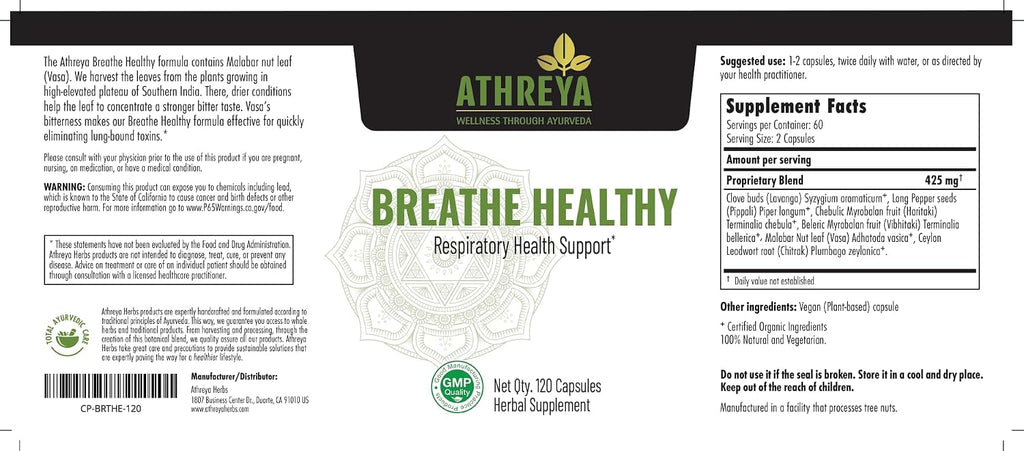 Athreya Herbs Breathe Healthy Cápsulas, 120 cápsulas