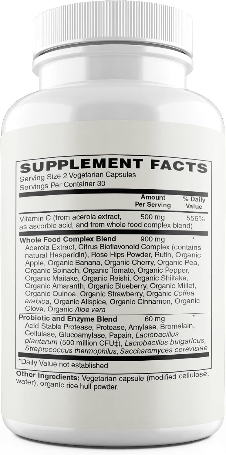 Vitamin C | 500mg Whole Food Vitamin C from Acerola Cherry Extract with Citrus Bioflavonoid Complex | 23 Organic Fruits & Vegetables Blend | Probiotics and Enzymes | 60 Vegan Capsules