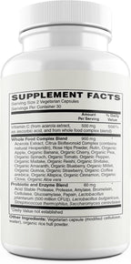 Vitamin C | 500mg Whole Food Vitamin C from Acerola Cherry Extract with Citrus Bioflavonoid Complex | 23 Organic Fruits & Vegetables Blend | Probiotics and Enzymes | 60 Vegan Capsules