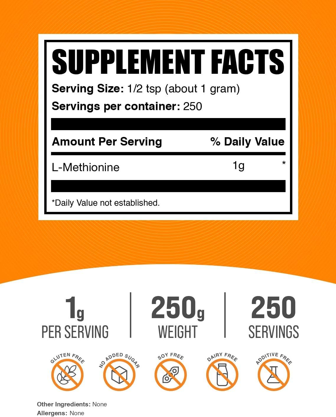 BulkSupplements L-Metionina en Polvo - Suplemento de Aminoácidos - 250g (8.8 oz)