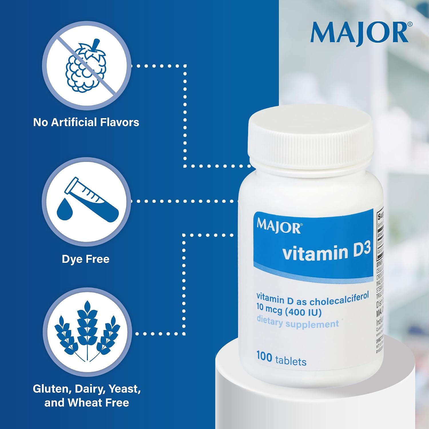 MAJOR Vitamina D3 10 mcg (400 UI) con Calcio - 100 Comprimidos (Pack de 3)
