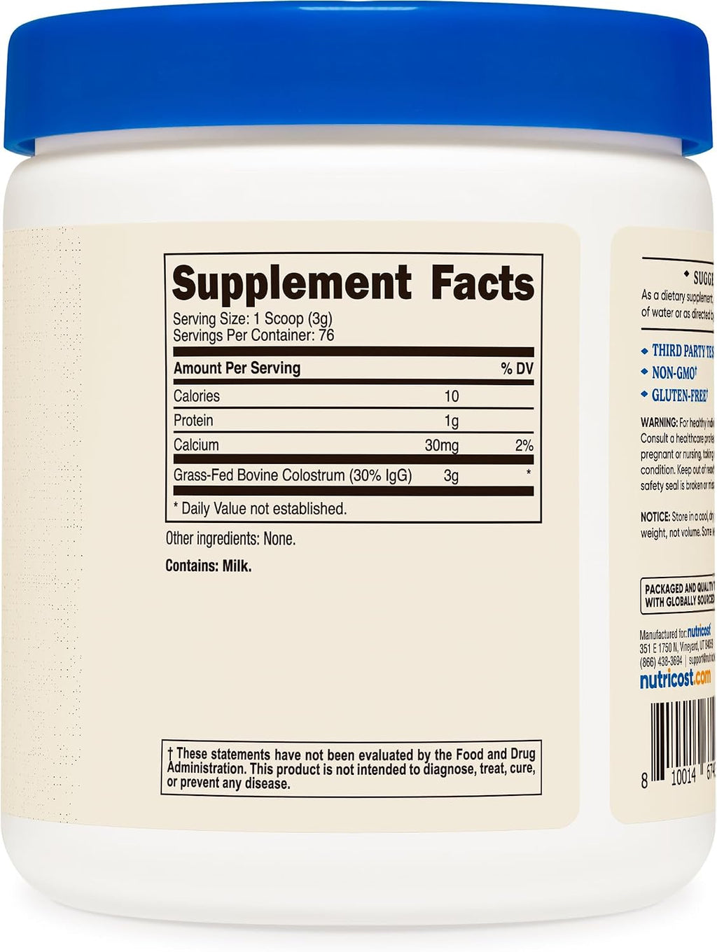 Nutricost Calostro Bovino en Polvo - 226 g (8 oz) - 76 Raciones - Mínimo 30% IgG
