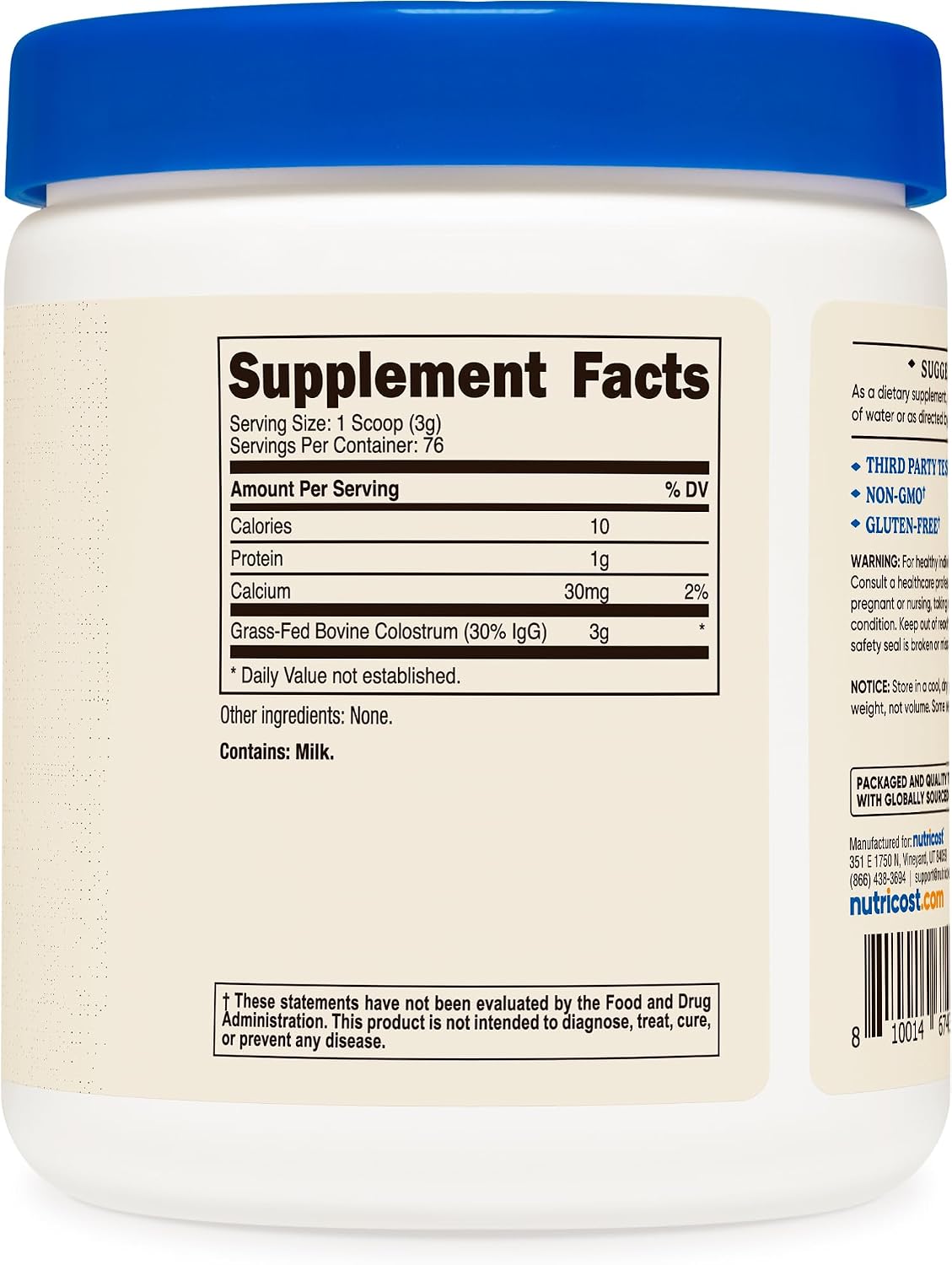 Nutricost Calostro Bovino en Polvo - 226 g (8 oz) - 76 Raciones - Mínimo 30% IgG