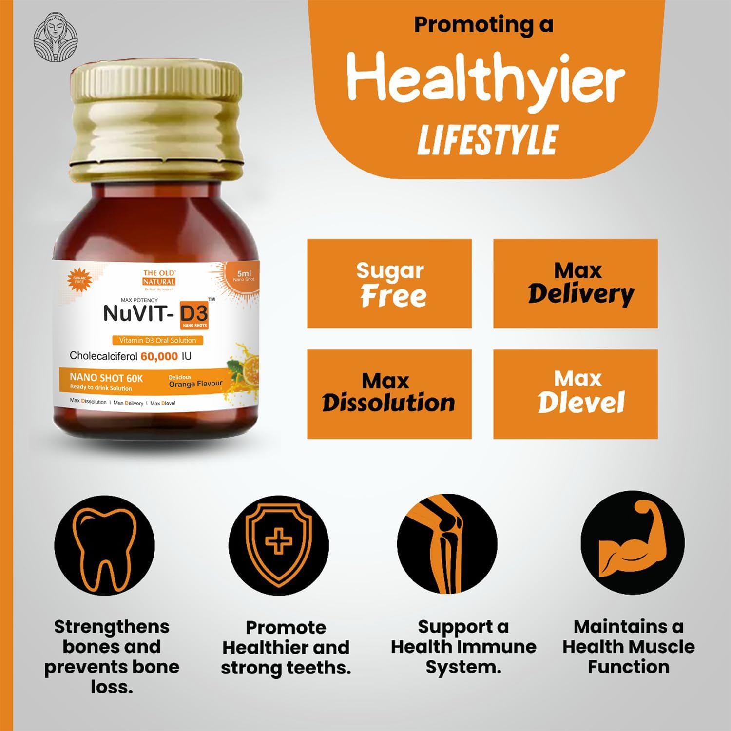 Nuvit D3 Vitamina D3 60000 IU Nano Shots - 8 unidades de 5 ml (Sabor Naranja Sin Azúcar)