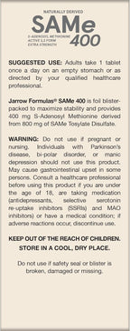 Jarrow Formulas SAMe 400 mg - 60 Comprimidos con Cubierta Entérica - Forma Activa S,S