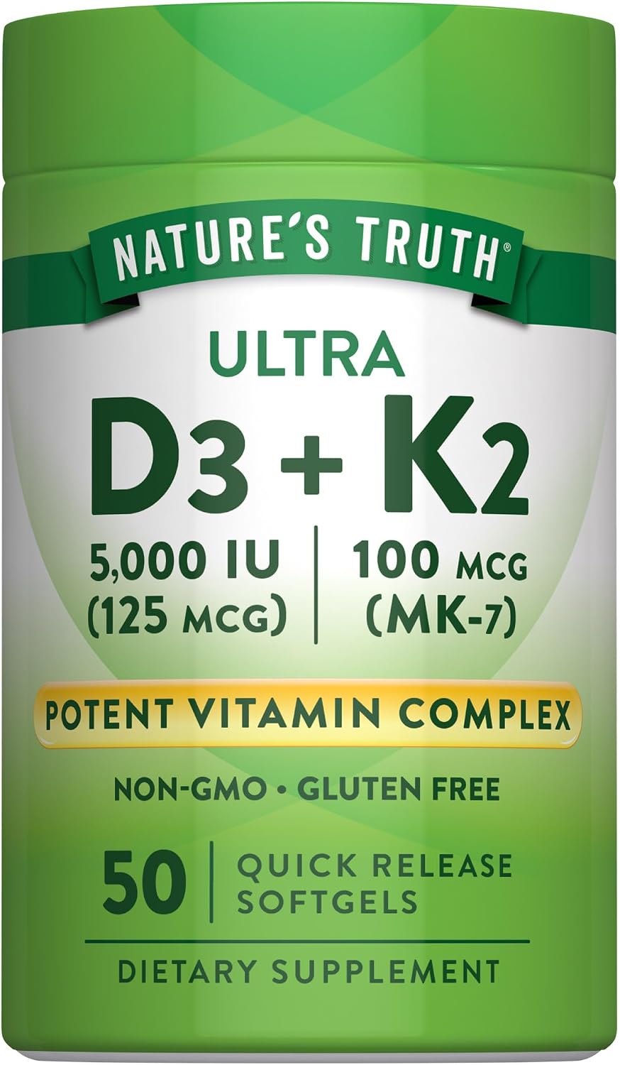 Complejo de Vitamina K2 MK7 con D3 | 100 mcg | 50 Cápsulas Blandas | Nature's Truth