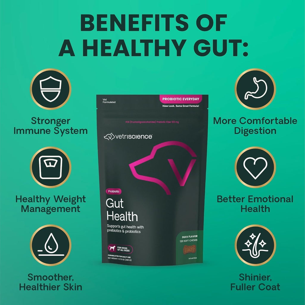 VetriScience Gut Health Masticables Probióticos para Perros, Sabor a Pato, 120 unidades
