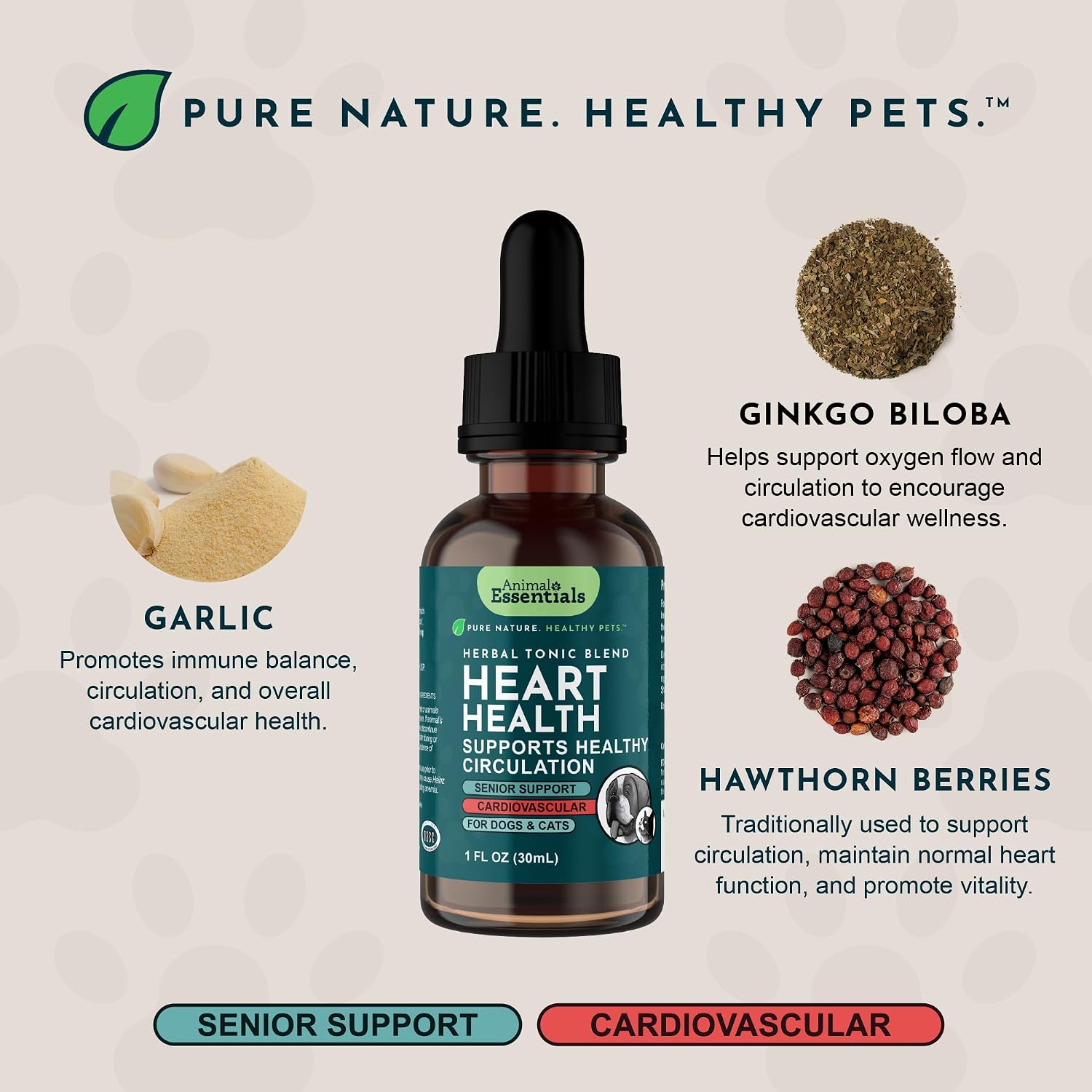 Animal Essentials Heart Health para Perros y Gatos - Suplemento Cardiovascular, Espino Blanco Orgánico, Tintura Herbal - 60 ml